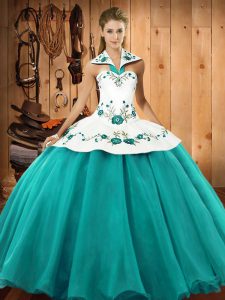 Turquoise Ball Gowns Halter Top Sleeveless Satin and Tulle Floor Length Lace Up Embroidery 15th Birthday Dress