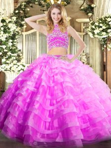 Hot Selling Sleeveless Tulle Floor Length Backless Quinceanera Gown in Lilac with Beading and Ruffled Layers