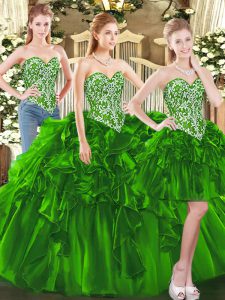 Dark Green Ball Gowns Sweetheart Sleeveless Tulle Floor Length Lace Up Beading and Ruffles Quince Ball Gowns