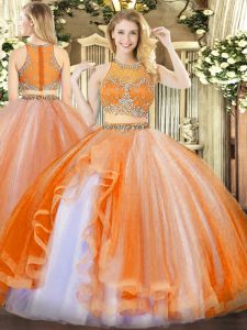 Sleeveless Organza Floor Length Zipper Sweet 16 Dress in Orange Red with Beading and Ruffles