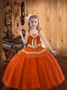 Sleeveless Organza Floor Length Lace Up Pageant Gowns For Girls in Orange Red with Embroidery and Ruffles