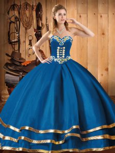 Affordable Blue Sleeveless Floor Length Embroidery Lace Up Quinceanera Gowns