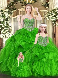 Green Sleeveless Floor Length Beading and Ruffles Lace Up Sweet 16 Dresses