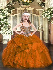Organza Straps Sleeveless Lace Up Beading and Ruffles High School Pageant Dress in Rust Red