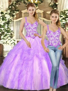 Simple Lilac Sleeveless Organza Lace Up Quinceanera Gowns for Military Ball and Sweet 16 and Quinceanera