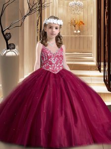 Trendy Sleeveless Tulle Floor Length Lace Up Little Girls Pageant Dress Wholesale in Wine Red with Beading and Appliques