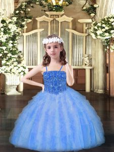 Customized Baby Blue Ball Gowns Organza Spaghetti Straps Sleeveless Beading and Ruffles Floor Length Lace Up Pageant Dress for Womens