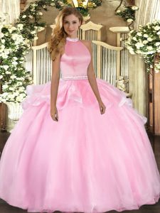 Pink Ball Gowns Beading and Ruffles Sweet 16 Dresses Backless Tulle Sleeveless Floor Length