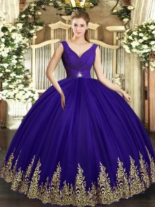 Vintage V-neck Sleeveless Backless Sweet 16 Dresses Purple Tulle