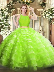 Scoop Sleeveless Zipper Ball Gown Prom Dress Yellow Green Organza