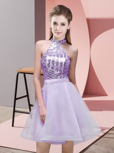 Customized Lavender A-line Chiffon Halter Top Sleeveless Sequins Mini Length Backless Quinceanera Court of Honor Dress