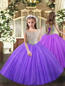 Lavender Ball Gowns Straps Sleeveless Tulle Floor Length Lace Up Beading Glitz Pageant Dress