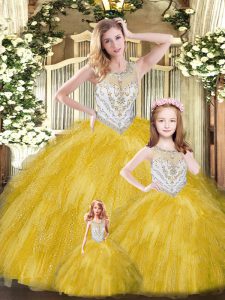 Gold Lace Up 15 Quinceanera Dress Beading and Ruffles Sleeveless Floor Length