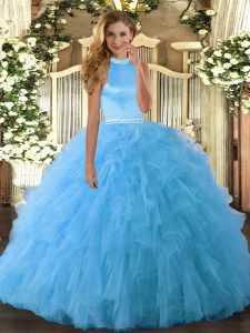 Baby Blue Halter Top Neckline Beading and Ruffles Quinceanera Dresses Sleeveless Backless