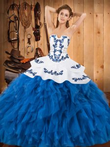 Blue And White Sleeveless Floor Length Embroidery and Ruffles Lace Up Quinceanera Gowns