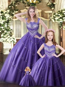 Attractive Scoop Sleeveless Lace Up Ball Gown Prom Dress Eggplant Purple Tulle