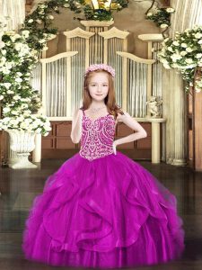 Stunning Spaghetti Straps Sleeveless Lace Up Pageant Dress Womens Fuchsia Tulle