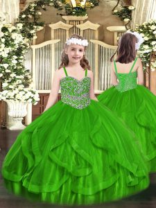 Sweet Green Ball Gowns Beading and Ruffles Pageant Dress Wholesale Lace Up Tulle Sleeveless Floor Length