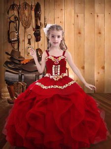 Wine Red Sleeveless Floor Length Embroidery and Ruffles Lace Up Pageant Dresses