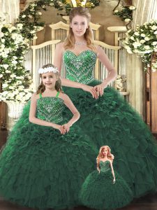 Dark Green Organza Lace Up Sweetheart Sleeveless Floor Length Sweet 16 Dresses Ruffles