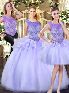 Unique Sleeveless Organza Floor Length Zipper Sweet 16 Dresses in Lavender with Beading