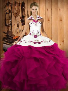 Noble Fuchsia Ball Gowns Tulle Halter Top Sleeveless Embroidery and Ruffles Floor Length Lace Up 15 Quinceanera Dress