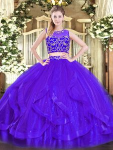 Custom Designed Purple Two Pieces Scoop Sleeveless Tulle Floor Length Zipper Beading and Ruffles Quinceanera Dresses