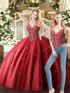 Top Selling V-neck Sleeveless Tulle Vestidos de Quinceanera Beading Lace Up
