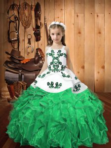 Fantastic Organza Straps Sleeveless Lace Up Embroidery and Ruffles Pageant Dress Toddler in Turquoise