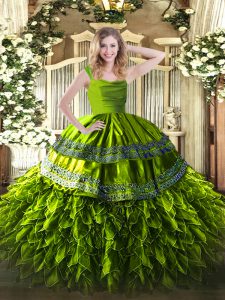 Charming Olive Green Sleeveless Floor Length Beading and Lace and Ruffles Zipper Quince Ball Gowns