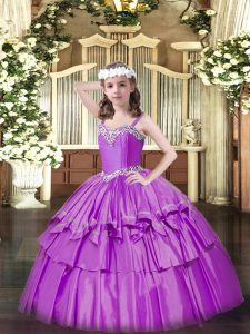 Lilac Organza Lace Up Straps Sleeveless Floor Length Pageant Dress for Teens Beading and Ruffled Layers