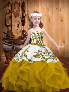 Floor Length Gold Winning Pageant Gowns Organza Sleeveless Embroidery and Ruffles