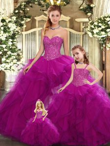 Eye-catching Fuchsia Sweetheart Lace Up Beading and Ruffles Sweet 16 Dress Sleeveless