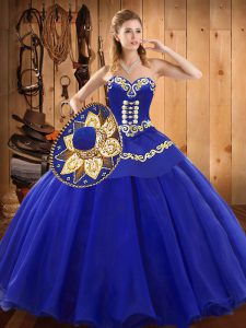 Eye-catching Blue Ball Gowns Tulle Sweetheart Sleeveless Ruffles Floor Length Lace Up Quinceanera Dress