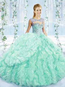 New Style Apple Green Organza Lace Up Sweetheart Sleeveless Ball Gown Prom Dress Brush Train Beading and Ruffles