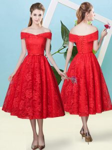 Exceptional Off The Shoulder Cap Sleeves Lace Up Quinceanera Dama Dress Red Lace