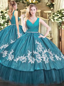 Teal V-neck Zipper Beading and Appliques Quince Ball Gowns Sleeveless