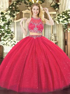 Coral Red Two Pieces Tulle Scoop Sleeveless Beading Floor Length Zipper Quinceanera Dresses
