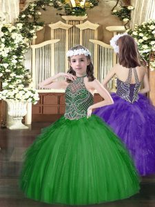 Classical Dark Green Sleeveless Beading and Ruffles Floor Length Pageant Dress Womens