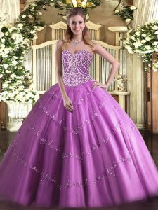 High Quality Lilac Ball Gowns Tulle Sweetheart Sleeveless Beading Floor Length Lace Up Quince Ball Gowns