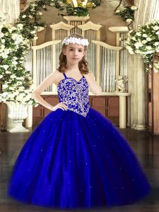 Floor Length Royal Blue Pageant Dress for Girls V-neck Sleeveless Lace Up