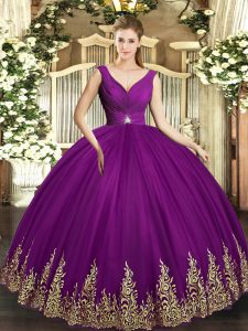 Sleeveless Tulle Floor Length Backless Sweet 16 Quinceanera Dress in Eggplant Purple with Beading and Appliques and Ruching