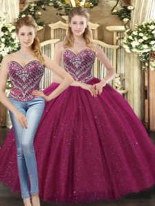 Artistic Fuchsia Ball Gown Prom Dress Military Ball and Sweet 16 and Quinceanera and Beach with Beading Sweetheart Sleeveless Lace Up