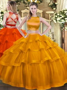 Rust Red Criss Cross High-neck Ruffled Layers 15th Birthday Dress Tulle Sleeveless