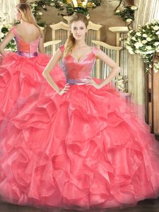 Coral Red V-neck Neckline Beading and Ruffles Quinceanera Gowns Sleeveless Zipper