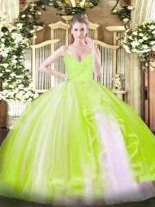 Wonderful Yellow Green Zipper Spaghetti Straps Ruffles Sweet 16 Dresses Tulle Sleeveless