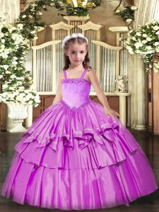 Beauteous Organza Straps Sleeveless Lace Up Appliques and Ruffled Layers Girls Pageant Dresses in Lilac