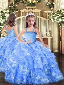 Baby Blue Organza Lace Up Glitz Pageant Dress Sleeveless Floor Length Appliques and Ruffled Layers