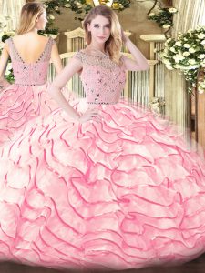 Baby Pink Vestidos de Quinceanera Military Ball and Sweet 16 and Quinceanera with Beading and Ruffled Layers Bateau Sleeveless Sweep Train Zipper