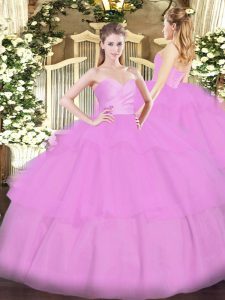 Lilac Sleeveless Floor Length Beading and Ruffled Layers Lace Up Quinceanera Dresses